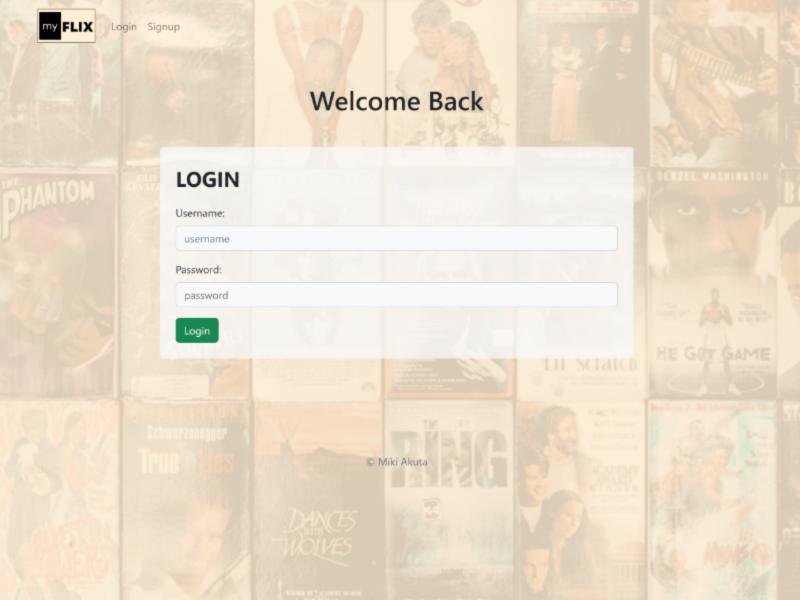 screenshot of myFlix app (login page)