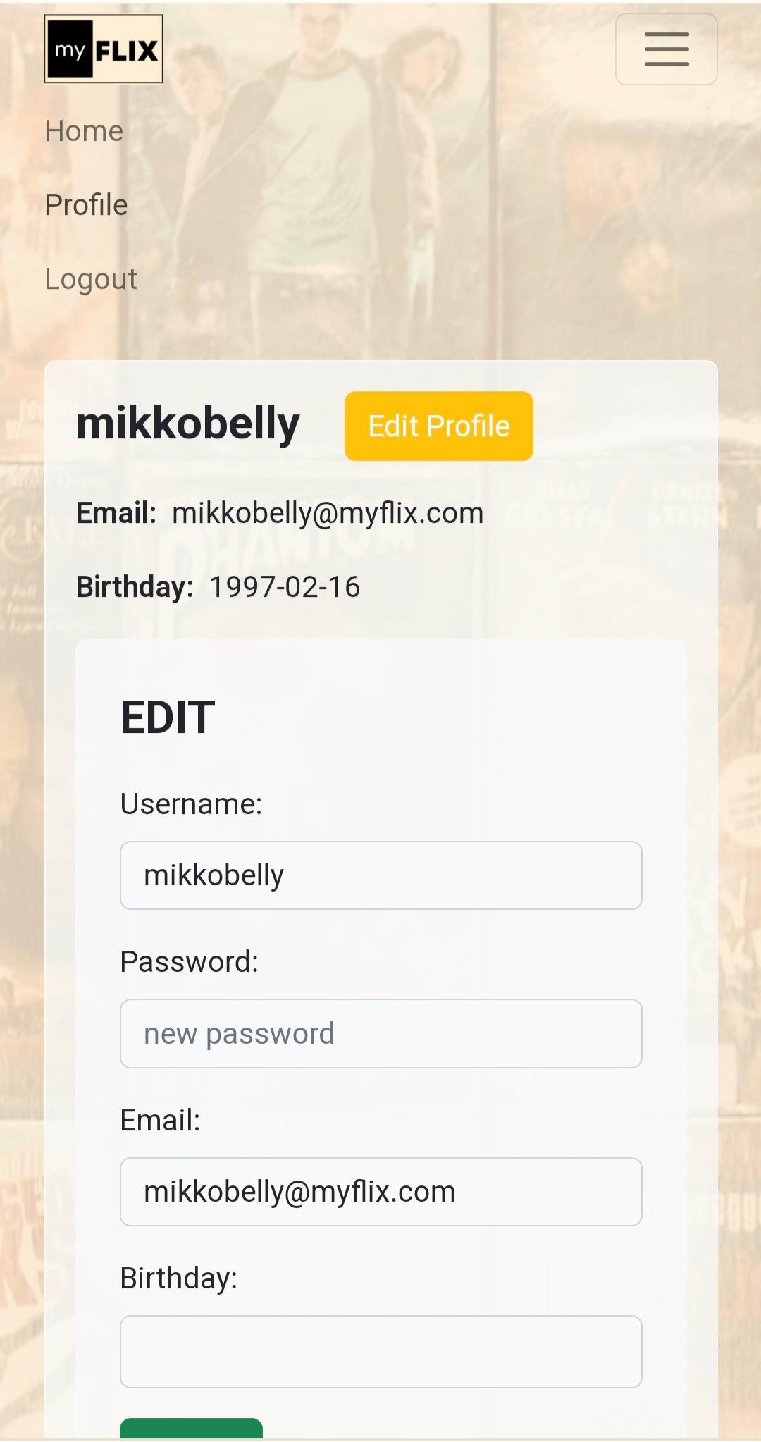 screenshot of myFlix user profile in mobile view